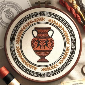 Könnte beinhalten: Ein Stickrahmen mit einem detaillierten Design einer antiken griechischen Amphore. Die Vase ist orange mit schwarzen Figuren, umgeben von einem Lorbeerkranz und einem griechischen Schlüsselbordürenmuster. Der Rahmen ist aus Holz.