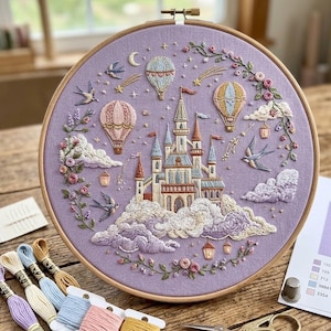 Dream Castle Embroidery Pattern, Fantasy Hot Air Balloon Hoop Art (PDF Download)