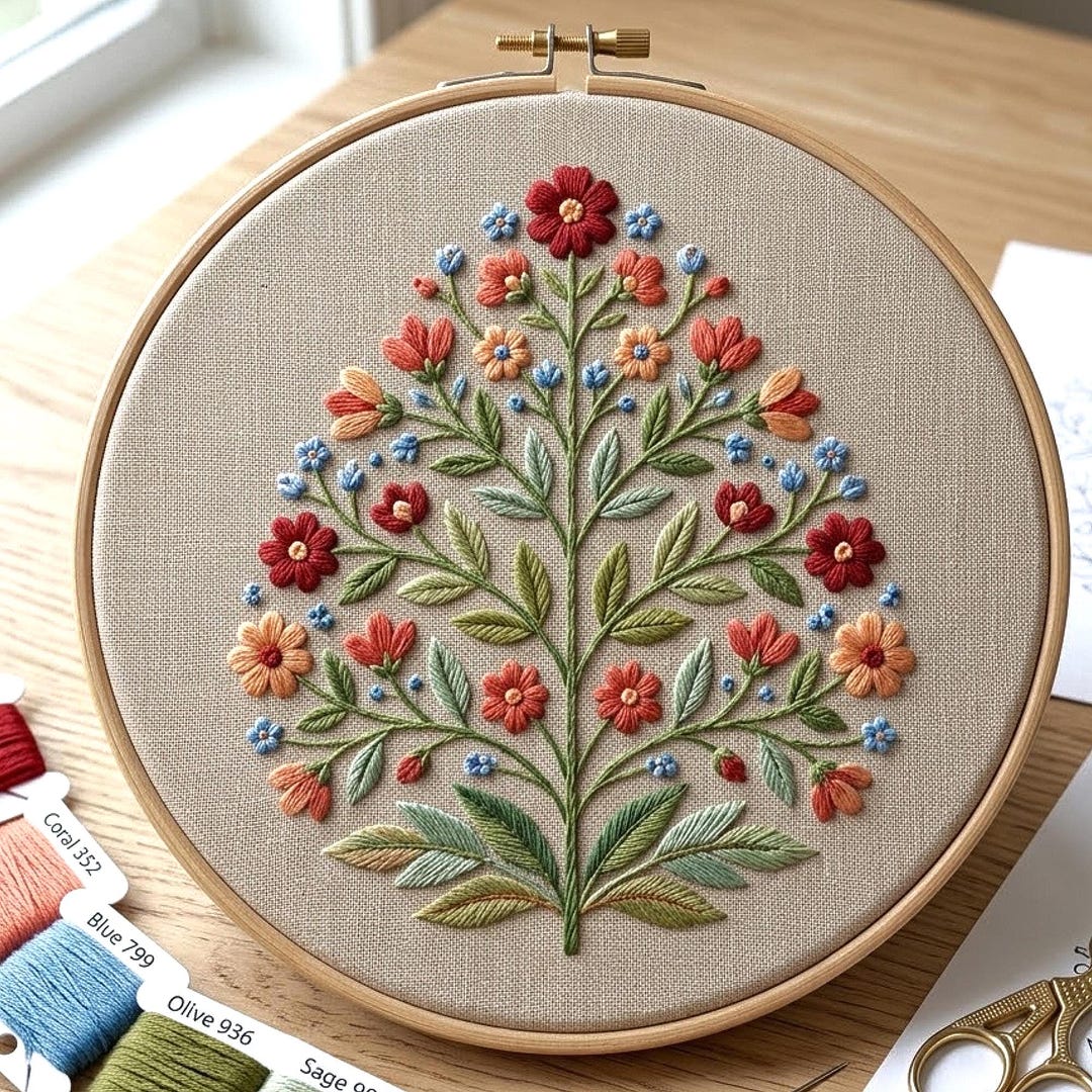 Folk Floral Tree Embroidery Pattern, Botanical Cottagecore Hoop Art ...