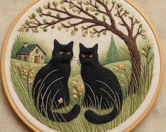 May include: Embroidered artwork featuring two black cats with yellow eyes, seated in a field of green grass and yellow flowers. A small house and tree are in the background, all within a wooden embroidery hoop.