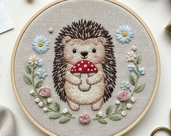 Hedgehog Embroidery Pattern: Mushroom Floral Wreath, Beginner DIY (PDF Pattern, DMC Colors)