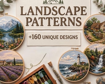 May include: A collection of circular embroidery hoops featuring landscape scenes, including mountains, a lighthouse, and lavender fields. A wooden box contains colorful embroidery floss, and a sign reads STITCH NATURE, CREATE BEAUTY LANDSCAPE PATTERNS +160 UNIQUE DESIGNS.
