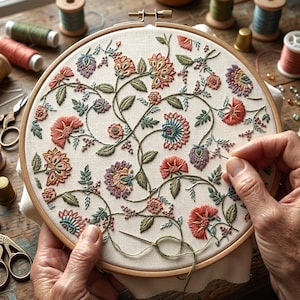 Puede incluir: Un proyecto de bordado detallado en un bastidor de madera, con un diseño floral con flores rojas, naranjas, azules y moradas y hojas verdes. La aguja está en la tela, mostrando el proceso de bordado a mano. Bobinas de hilo y otras herramientas en el fondo.