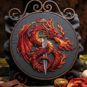 Può includere: Ricamo di un drago rosso e oro trafitto da una spada, in un telaio grigio scuro. Il drago sputa fuoco. Il telaio è esposto su un supporto metallico decorativo. L'opera evoca temi fantasy e medievali, con un diametro di circa 25 cm.