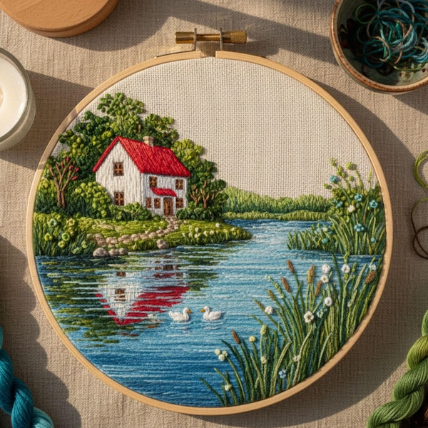 Lakeside Cottage Stickmuster | Landschaft Nadelspitzen (PDF-Muster)