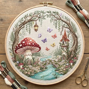 May include: An embroidery hoop featuring a detailed needlework scene of a large red and white spotted mushroom house, a stone tower, a winding blue river with a stone bridge, hanging lantern, and colourful butterflies surrounded by tree branches.