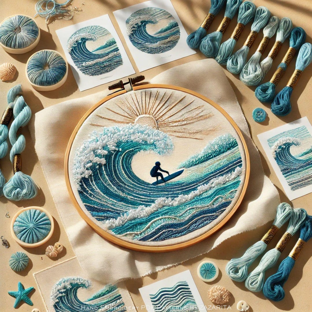 Surf Wave Patterns Surf Wave Hand Embroidery Pattern: Modern PDF Hoop Art With DMC Color ...