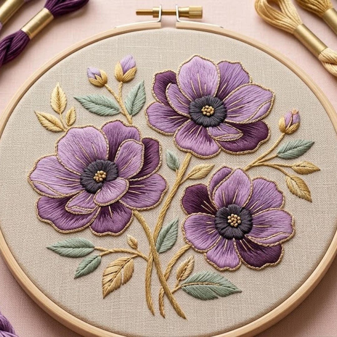 Purple Floral Embroidery Pattern, Elegant Hoop Art, Botanical Design ...