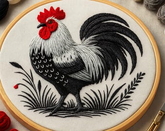Rooster Hand Embroidery Pattern • Beginner Farm Bird Design • Modern Hoop Art Digital Download