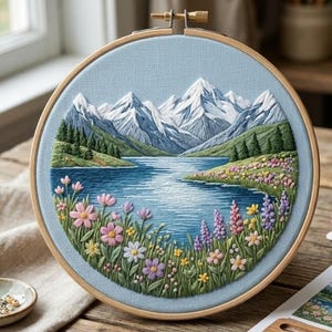 May include: Embroidered landscape art in a wooden hoop. The design features snow-capped mountains, a blue lake, green hills, and colorful wildflowers. The embroidery is set against a light blue fabric.