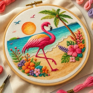 Tropical Flamingo Embroidery Pattern: Beach Hoop Art Design (PDF Download)