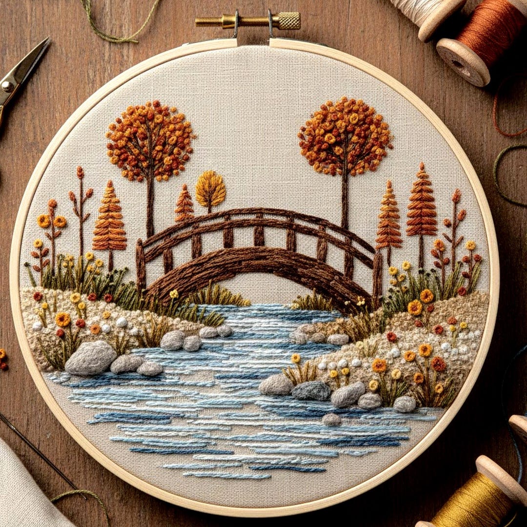 Autumn Bridge Embroidery Pattern – Landscape Hand Embroidery PDF ...