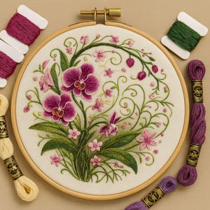 May include: An embroidered floral design featuring purple orchids and pink flowers, set within a wooden hoop. The embroidery is surrounded by spools of coloured embroidery thread. The design includes green leaves and delicate swirling vines, creating a detailed floral arrangement.