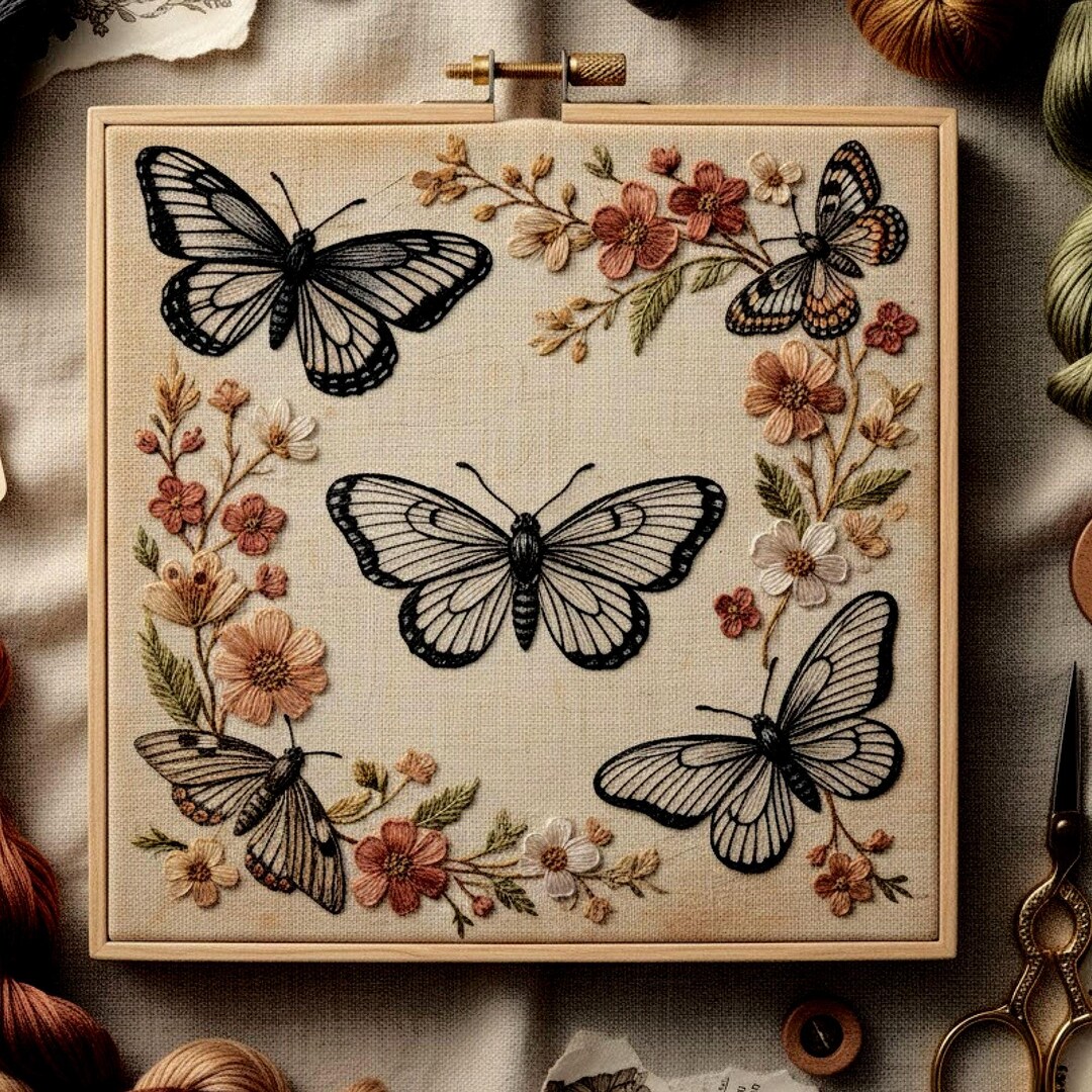 Butterfly Floral Hand Embroidery Pattern – Vintage Botanical Hoop Art ...