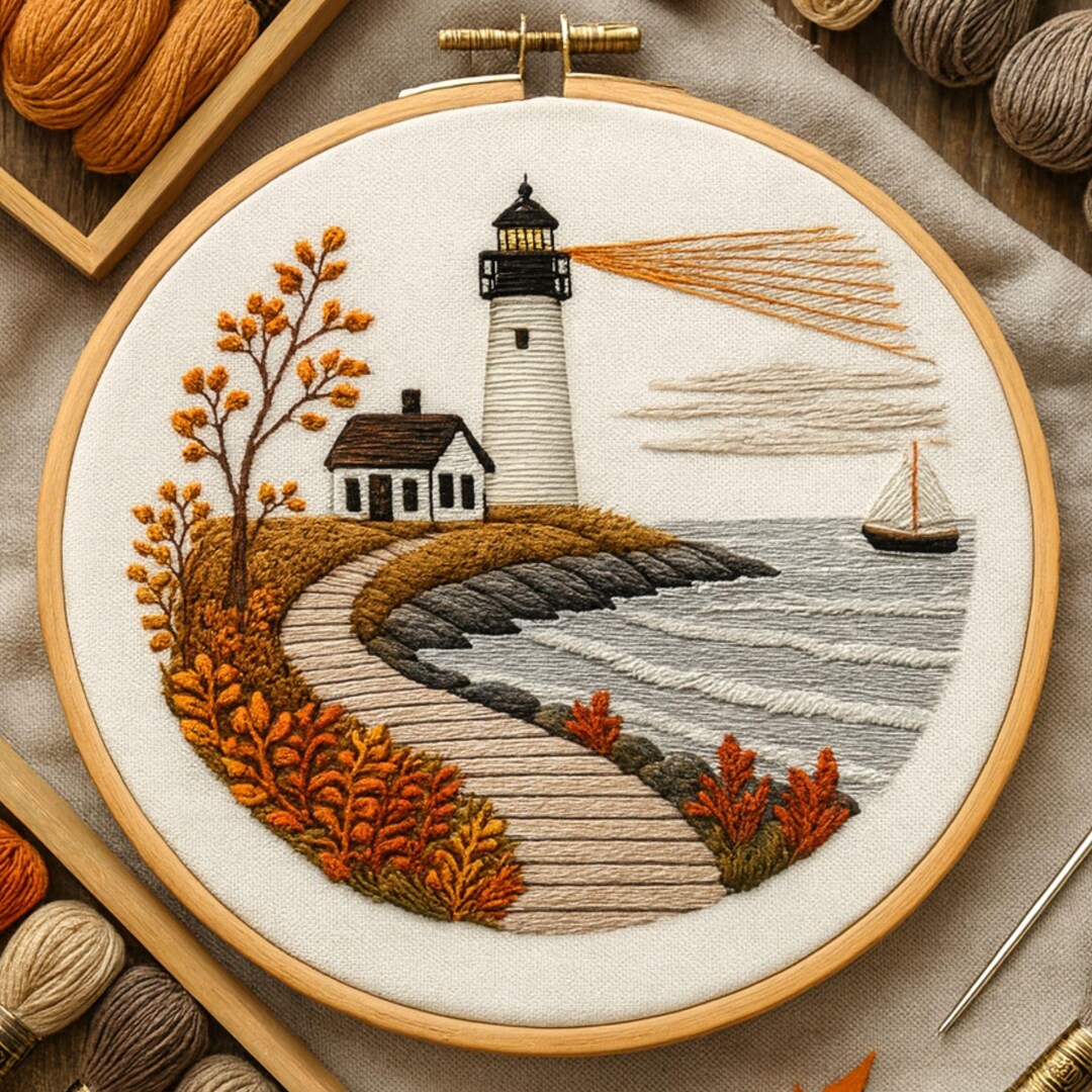 Autumn Lighthouse Embroidery Pattern: Coastal Fall Scene (PDF Design ...