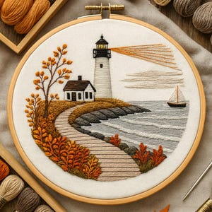 Puede incluir: Bordado en un aro de madera que representa una escena de faro. La obra presenta un faro blanco con la parte superior negra, una pequeña casa, un camino y un velero en el agua. El bordado utiliza tonos de naranja, marrón y gris.