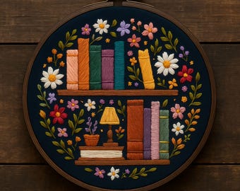Colorful Bookshelf with Floral Details Embroidery Pattern – Cozy Hand Embroidery PDF Design