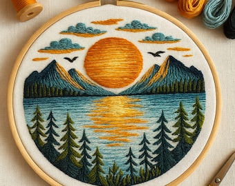 曲がりくねった森の道の刺繍パターン、自然歩道の手縫いテンプレート