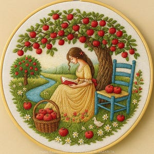 May include: Hand-embroidered artwork in a round hoop. A woman in a yellow dress reads under an apple tree. A blue chair and a basket of red apples are nearby. The scene includes a small stream and a smaller apple tree.