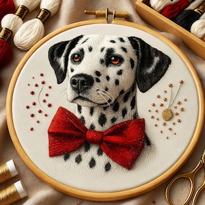 May include: Embroidered hoop art depicting a Dalmatian dog with black spots and a red bow tie. The dog is on white fabric, framed by a wooden hoop. Embroidery threads and craft supplies are in the background, suggesting a craft project.