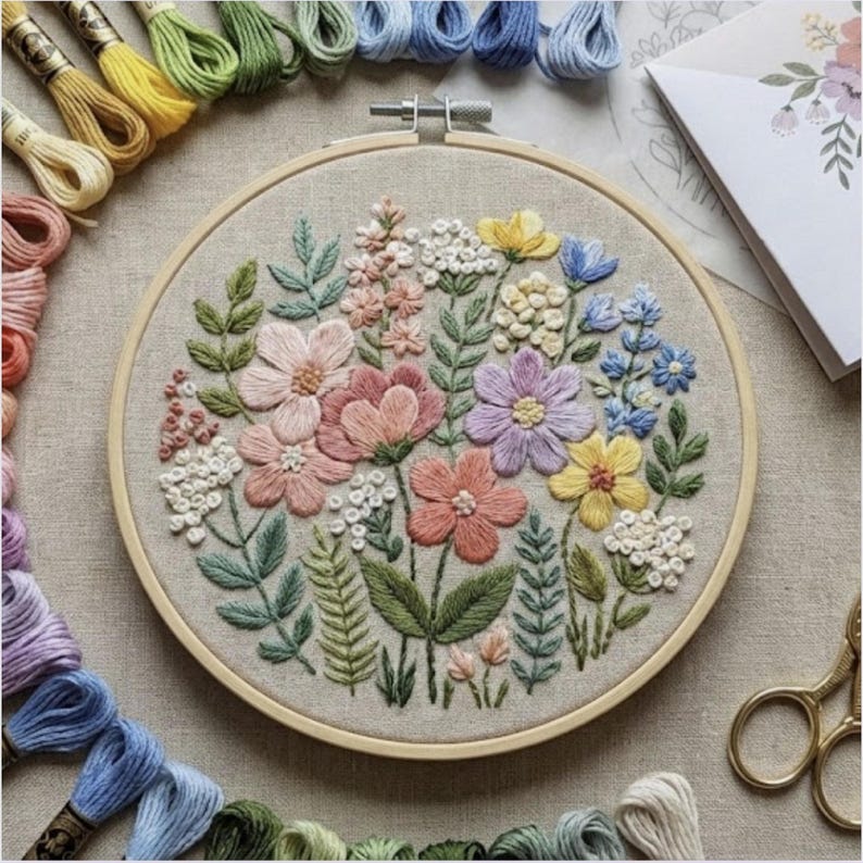 Pastel Meadow Garden Embroidery Pattern – Modern Floral Wreath Hoop Art ...