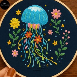 Jellyfish & Floral Hand Embroidery Pattern: Ocean-Inspired Design (PDF Pattern)