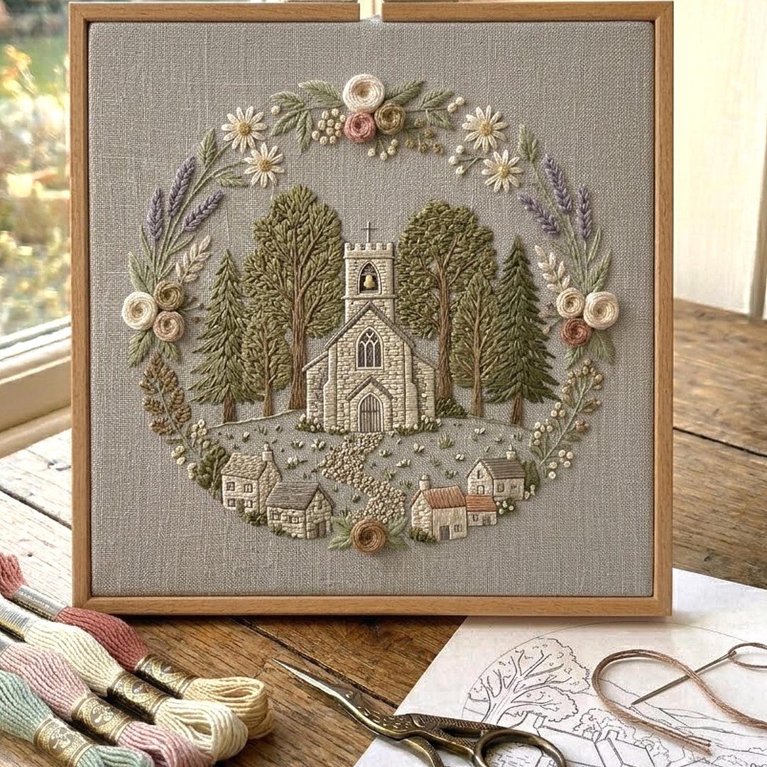 Vintage Church Embroidery Pattern, Floral Wreath Hoop Art, Cottagecore ...