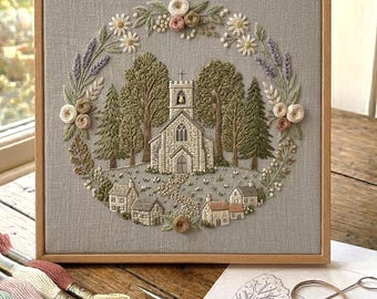 カントリー調　刺繍絵 カントリーチャーチ風花柄刺繍パターン（初心者向け）（PDF
