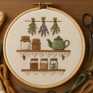 Peut inclure: Broderie sur cerceau représentant une scène de cuisine. Le motif comprend des étagères avec des bocaux, une théière et des herbes. La palette de couleurs est douce, avec des tons beige, marron et vert. La broderie est réalisée dans un cerceau en bois.