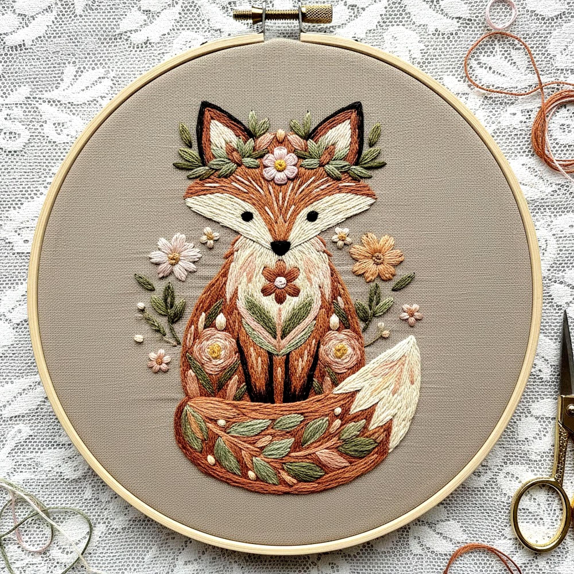 Woodland Fox Embroidery Pattern – Floral Animal Hoop Art PDF Design - Etsy