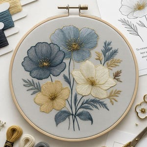 Puede incluir: Un bastidor de bordado con un diseño floral de flores azules, crema y amarillas. Las flores están intrincadamente bordadas sobre una tela gris claro, con un aro de madera. El diseño incluye hojas y tallos, creando un tema botánico.