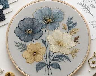 Peut inclure: Un tambour à broder circulaire en bois contenant un tissu gris clair avec un motif floral cousu à la main. La broderie présente quatre fleurs dans des tons de bleu poussiéreux, crème et jaune doré, rehaussées de fils dorés métallisés.