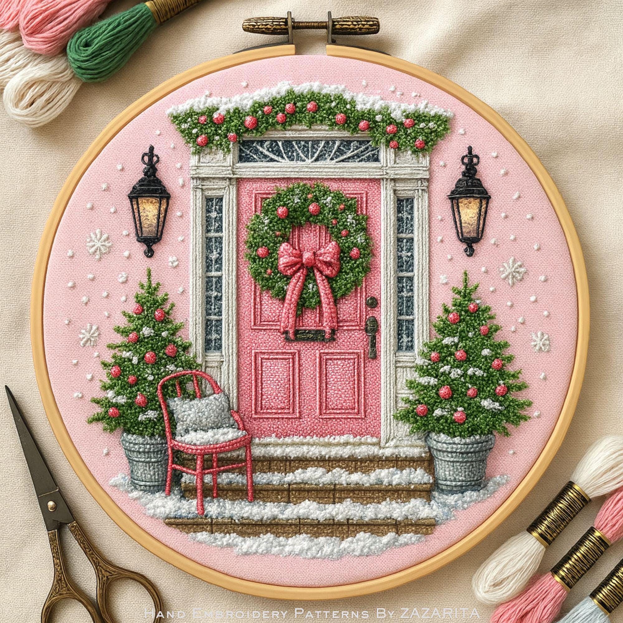 Christmas Door Embroidery Pattern – Festive Wreath & Trees PDF Hand ...