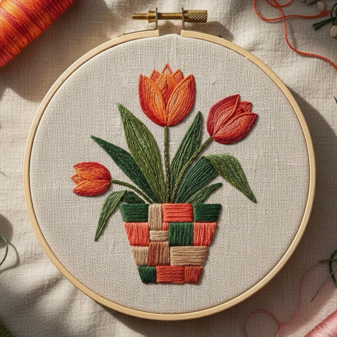 Tulip Flower Pot Embroidery Pattern | Beginner Floral Hoop Art ...
