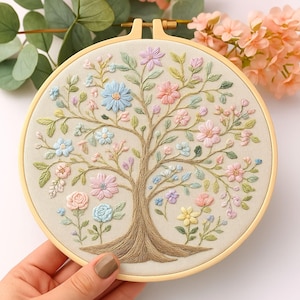 Puede incluir: Diseño de árbol bordado en un aro de madera. El árbol presenta un tronco y ramas marrones, adornados con flores de colores pastel y hojas verdes. El bordado está sobre un fondo de tela beige.