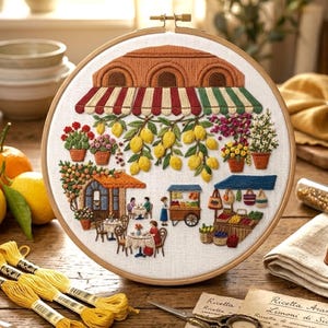 イタリアのレモン市場の刺繍パターン、地中海風カフェのフープアート（PDFダウンロード）
