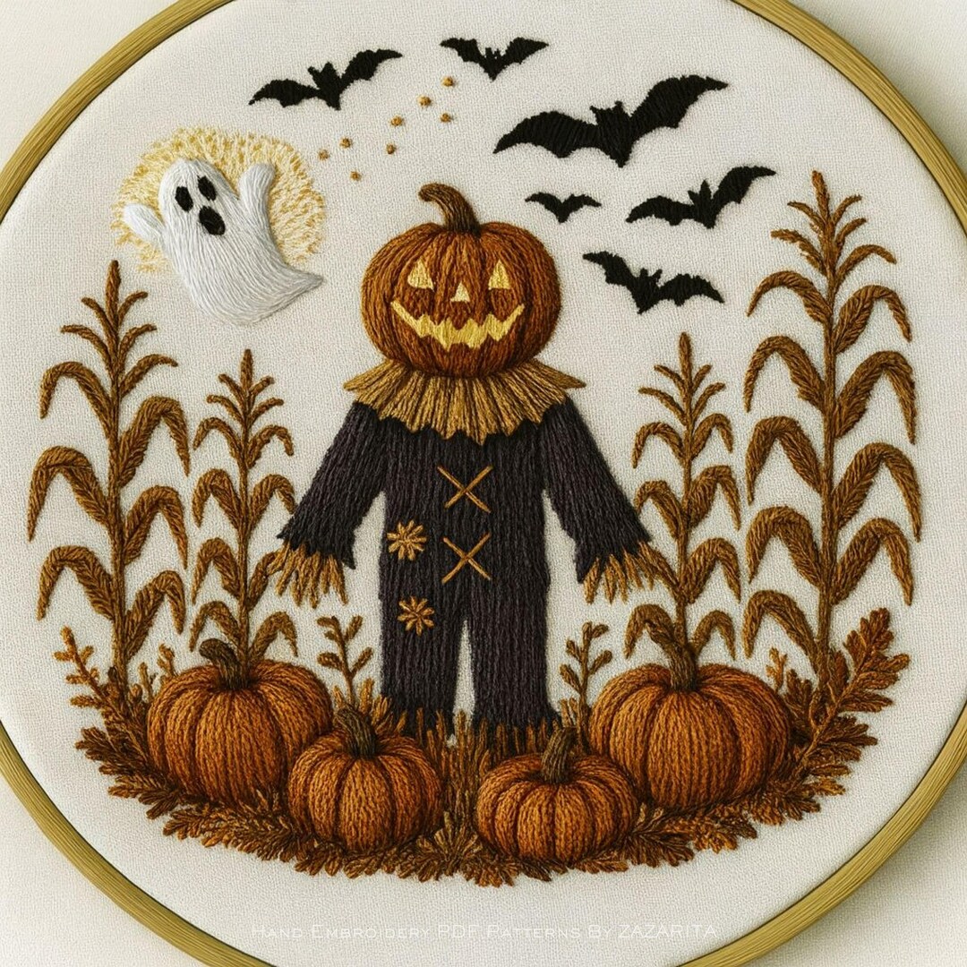 ハロウィンかかし刺繍パターン：カボチャ、幽霊、コウモリ（PDF