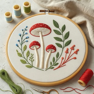 May include: An embroidery hoop with a mushroom design. The mushrooms have red caps with white spots and are surrounded by green leaves and blue flowers. Spools of thread and scissors are also visible.