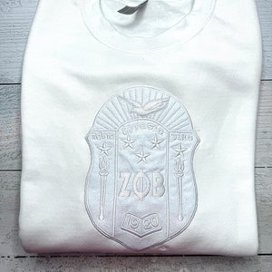 Z Phi B Embroidered Shield | Zeta Phi Beta| Glitter Embroidered | Royal Blue and White