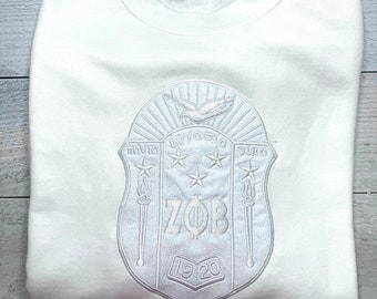 Z Phi B Embroidered Shield | Zeta Phi Beta| Glitter Embroidered | Royal Blue and White
