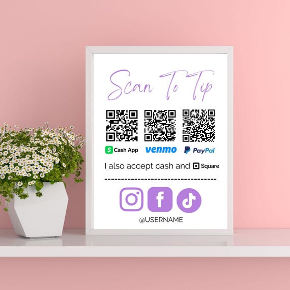 Minimalist Digital Tip Sign | QR Code Editable Canva Download For Stylists, MUAs, and Lash Techs