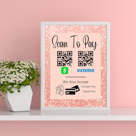 Scan to Pay Sign Template | Editable Canva QR Code Display | Pink Glitter Payment Sign Digital Download