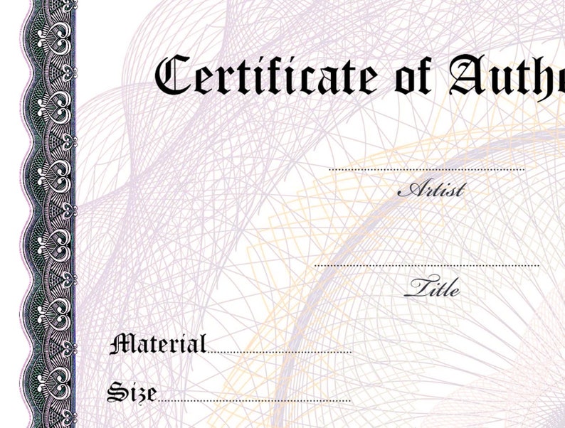 Certificate of Authenticity Blank prestige of Your Artwork marketing Certificate of Authenticity Blank prestige of Your Artwork marketing