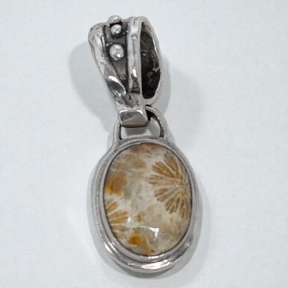 Shreve Saville Signed Sterling Silver Fossilized Coral Oval Pendant 11.3g