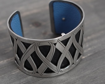 Brighton Christo Wide Cuff Bracelet Black Blue Ribbon Motif Silver Plated