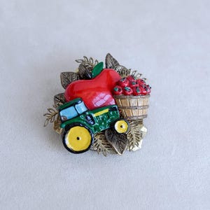 Vintage Apple Harvest Brooch Gold Tone Green Tractor Wreath Pin Gift Collector Statement Piece Retro Farm Jewelry Style