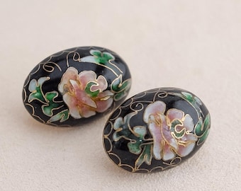 Vintage Puffy Oval Cloisonne Earrings Pink Rose Flowers Clip On Enamel Floral Design Collectible