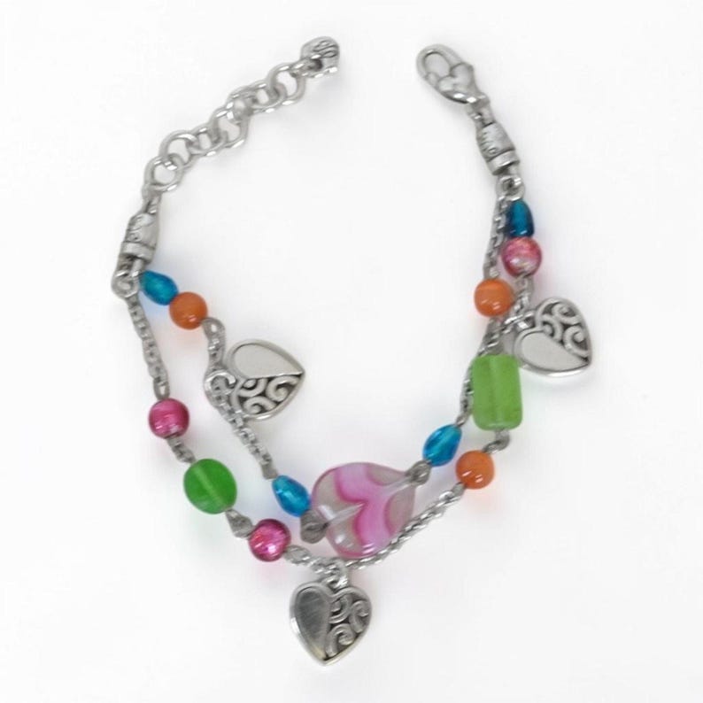 Brighton Deco Bright Double Chain Bracelet Pastel Art Glass Beads Heart Retired image 2