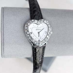 Vintage Brighton Austria Heart Watch: Black Leather & Rhinestone Crystal