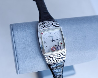 Vintage Brighton Vicenza Watch: Square Face, Floating Flower Charms, Reversible Band